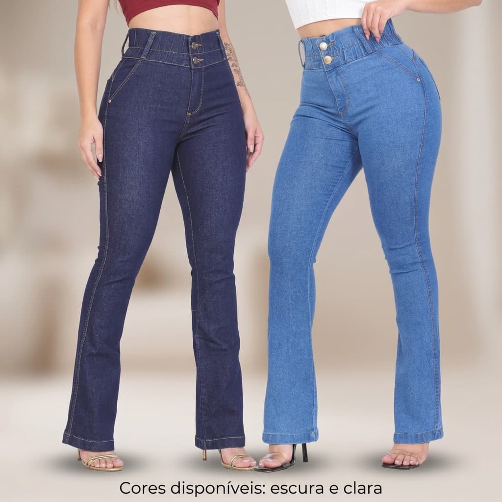 Calça Jeans Feminina Flare Lycra Cintura Alta Levanta Bumbum
