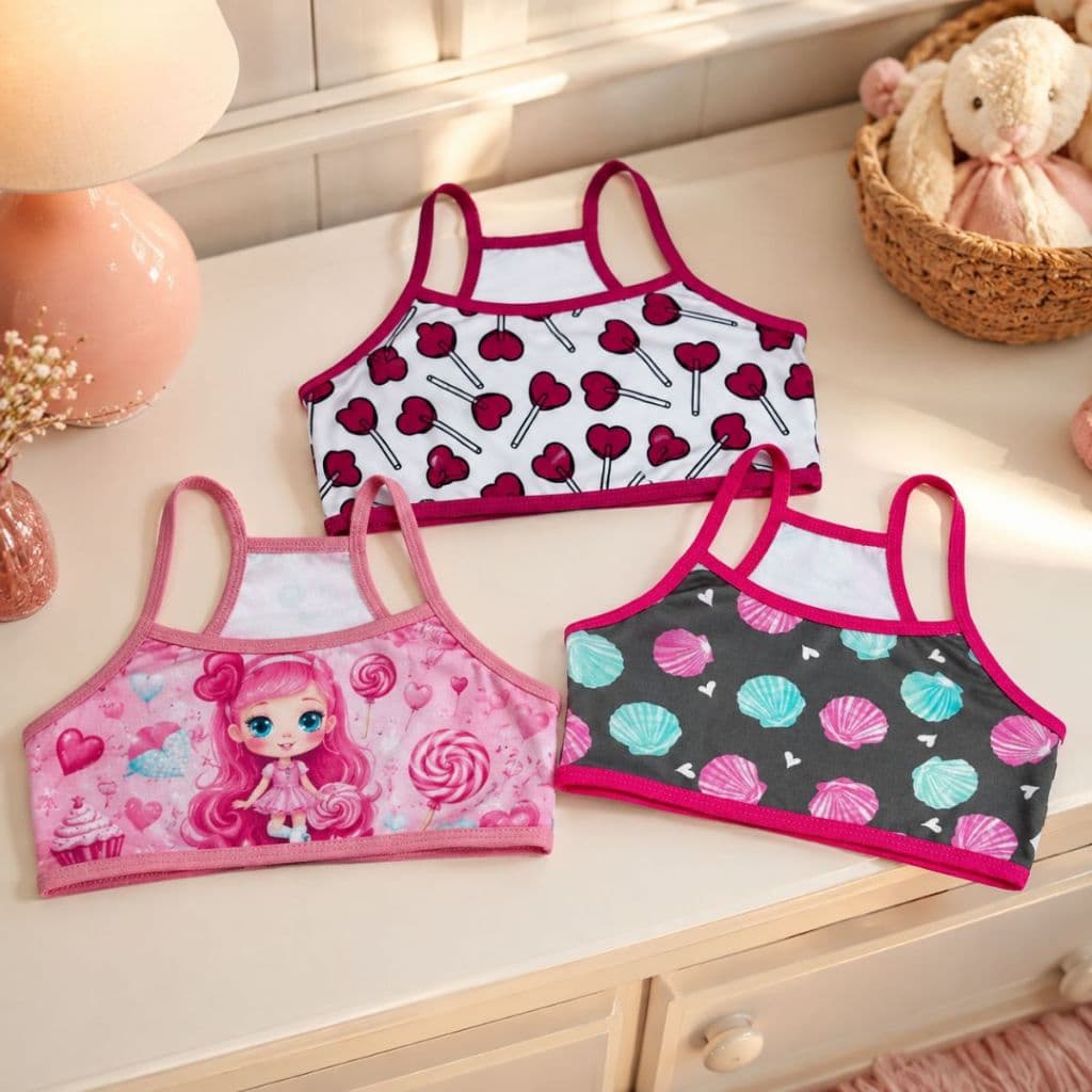 Kit 3 Top Sutiã Infantil Menina Nadador Estampado Personagens Microfibra Conforto Verão