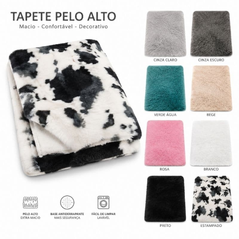 Tapete Peludo Felpudo 90x60cm Antiderrapante Pelo Alto Macio Lavável Quarto Sala Cinza
