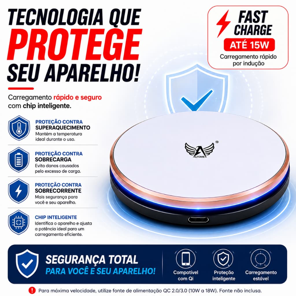 Carregador Sem Fio 15W Wireless Qi Fast Charge por Indução LED Altomex AW-69 Compatível iPhone Samsung Xiaomi