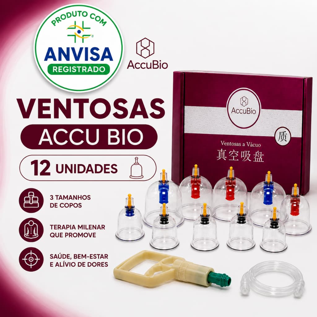 Kit Ventosa Terapia Capilar 12 Copos AccuBio Profissional Ventosaterapia Fisioterapia Massagem