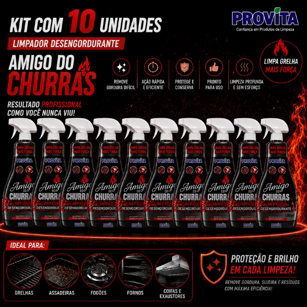 Kit Com 10 Limpa Grelha Churras Desengordurante Churrasqueira Spray Limpeza Fogão Grill Forno Coifa Air Fryer