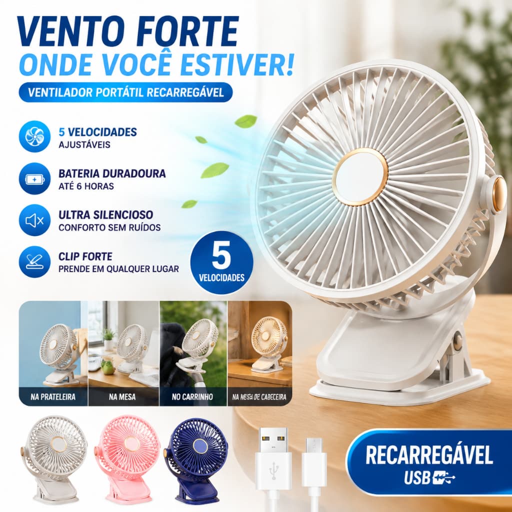 Ventilador de mesa 5 velocidades luminária LED recarregável Mini Fan Portátil Escritório Viagens