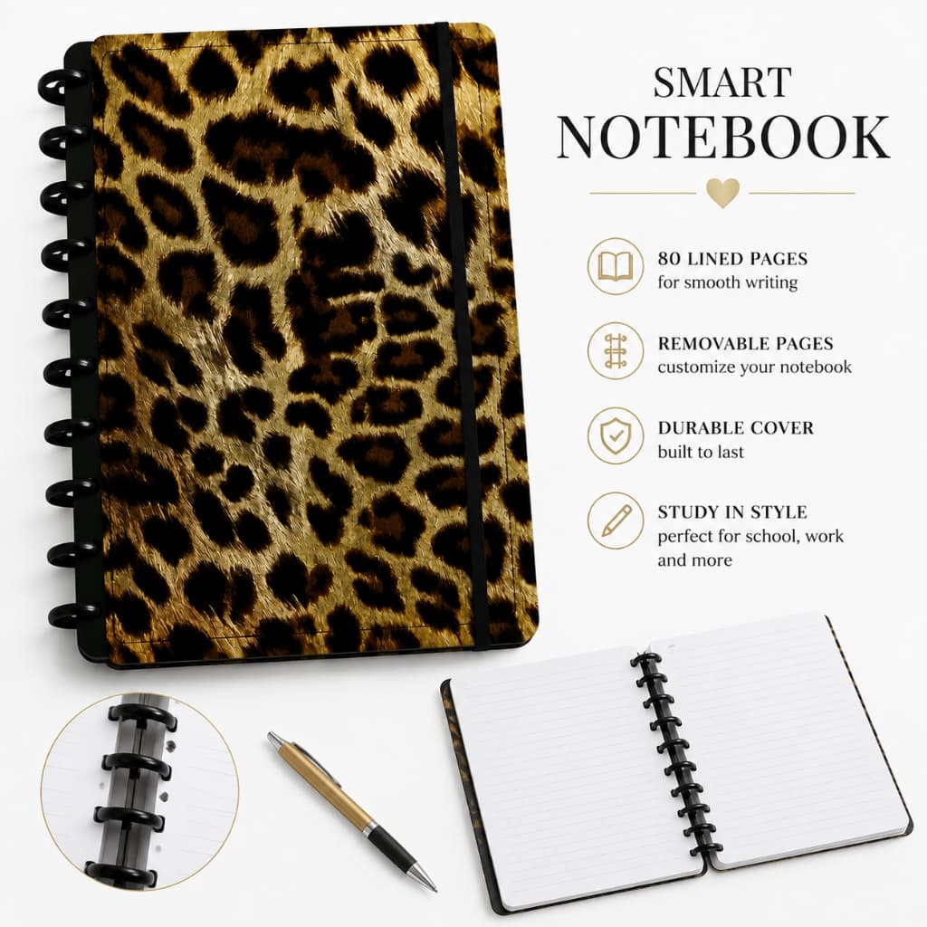Caderno Argolado A5 B5 Estampa Leopardo 80 Folhas | Caderno Inteligente Reutilizável Capa PU Premium Escolar Escritório