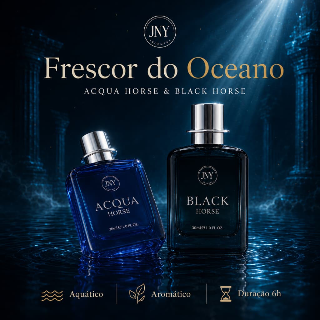 Perfume JMY Acqua Horse 30ml | Frescor de Pepino, Melão e Manjericão com Fundo Amadeirado e Camurça