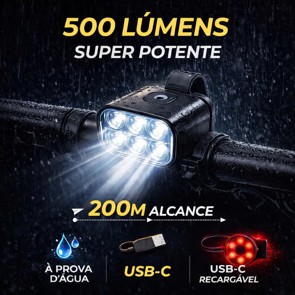 Kit Luz Bicicleta LED USB-C Recarregável 500 Lúmens Farol Lanterna Traseira 7 Modos MTB Ciclismo Noturna Bike