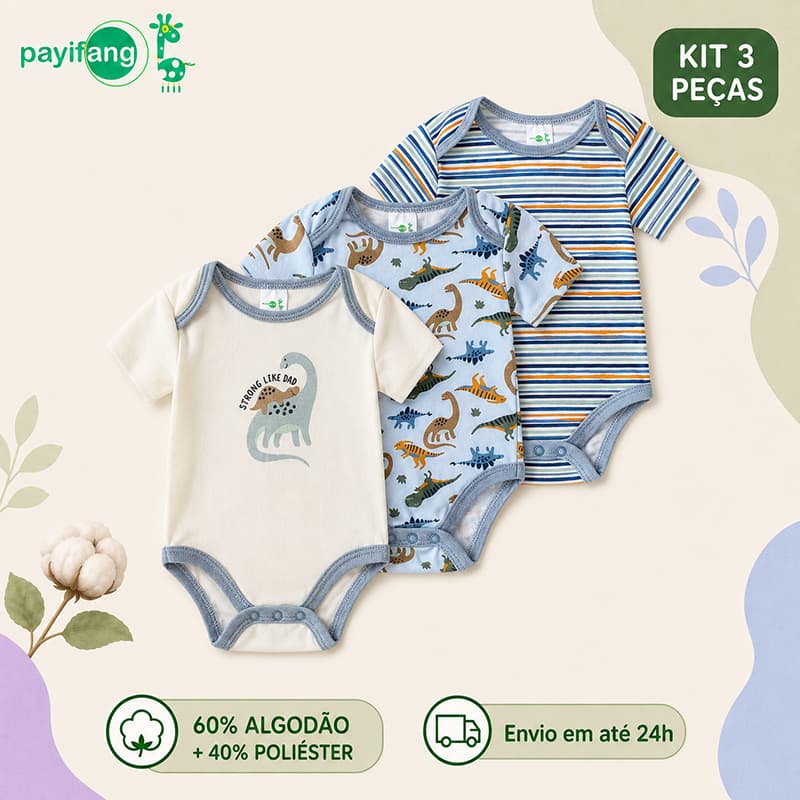 Payifang Kit 3 Bodies Bebê Menino Manga Curta Dinossauro Estampado 60% Algodão 3M 6M 9M