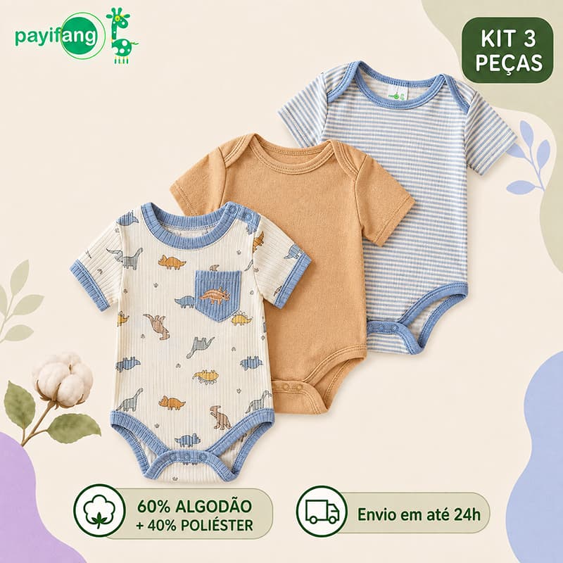 Payifang Kit 3 Bodies Bebê Menino Dinossauro com Bolso Manga Curta 60% Algodão 3M 6M 9M