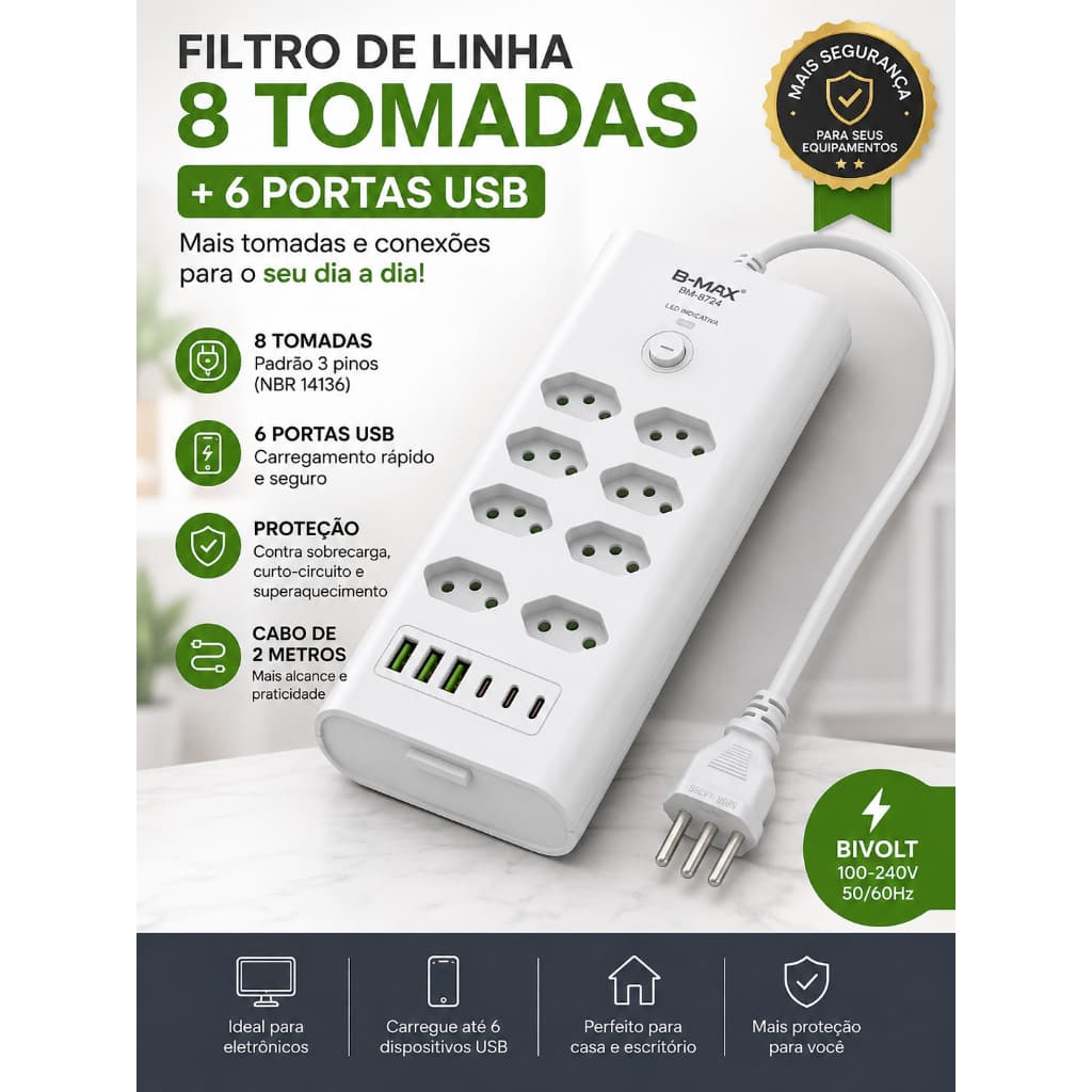 Extensão com Filtro 8 Tomadas 10A 16A 20A  + 3 Usb + 3 Usb-c  Branco