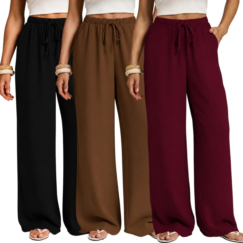 Kit 3 Calças Pantalona Feminina Duna Cintura Alta Com Bolso Elegante Confortável Tendência
