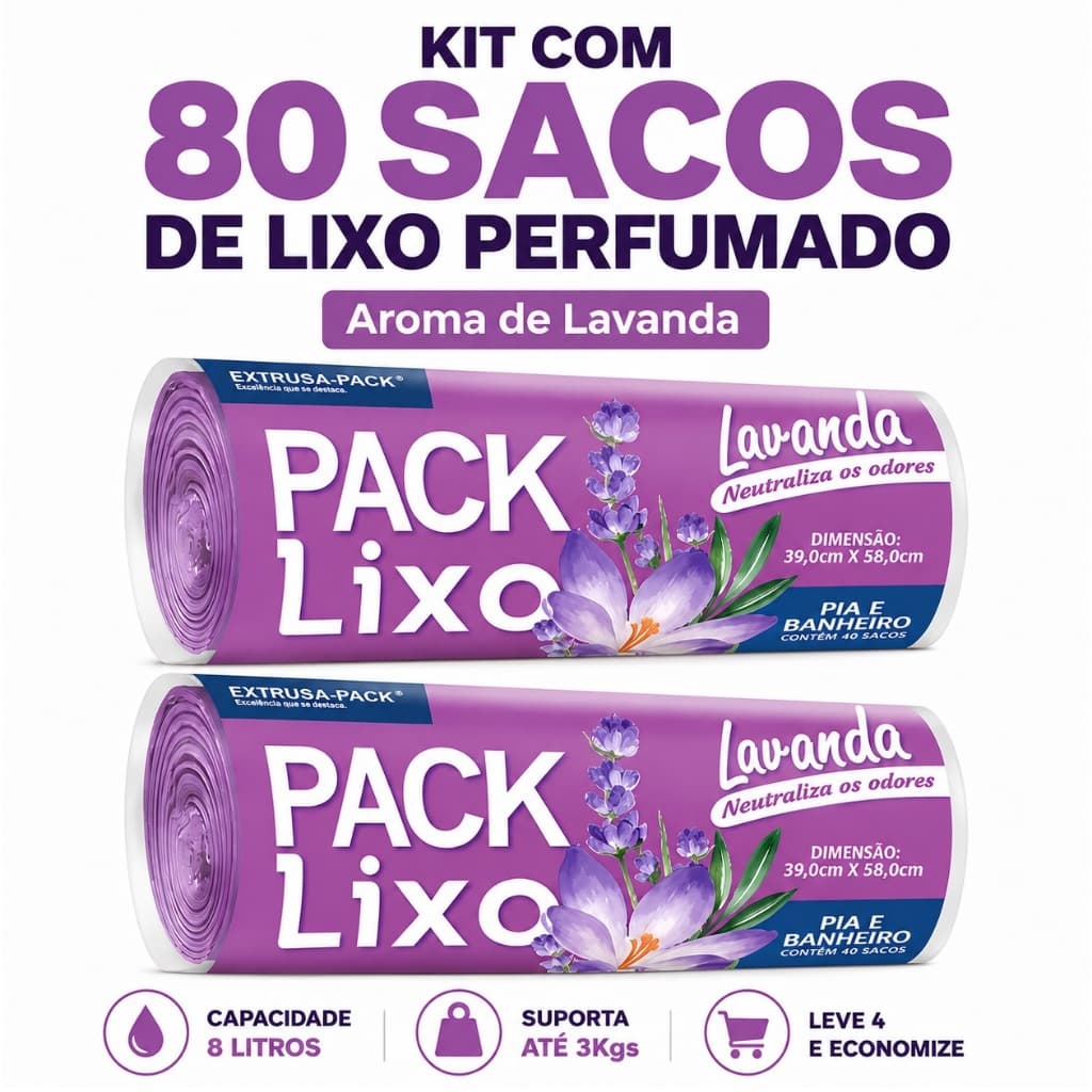 Kit 80 Saco Lixo Perfumado Lavanda 8L 34X38cm Anti Odor Neutraliza Odores Pia Banheiro Reforçado