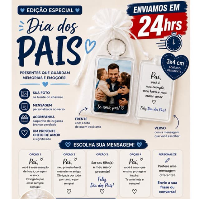 Chaveiro Dia dos Pais com Foto 3x4 em Acrílico | Presente Dia dos Pais | Foto Frente e Mensagem no Verso