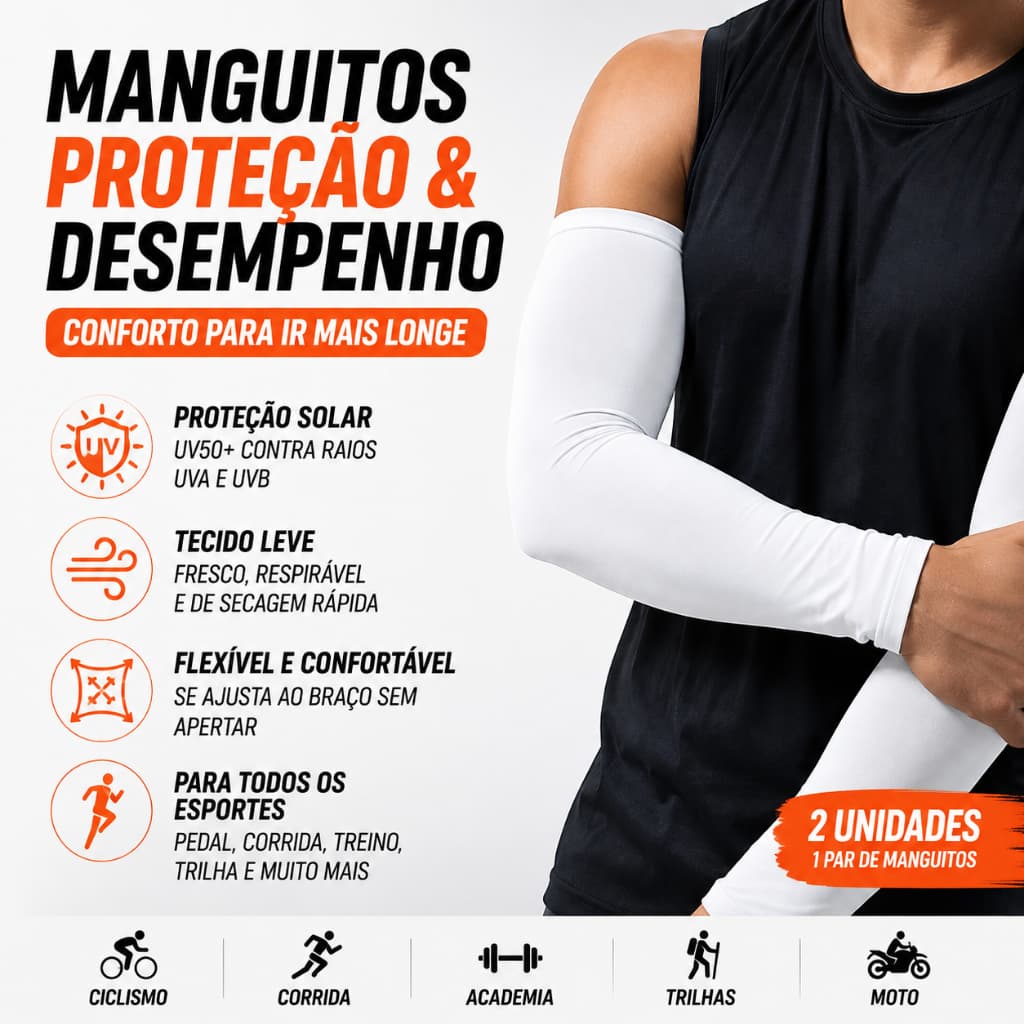 Manguito Proteção Solar UV50+ Esportivo Compressão Braço Corrida Ciclismo Bike Academia Futebol Basquete Vôlei