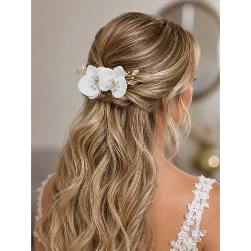 Enfeite Pente para penteados Grinalda com Flores Duplas Brancas orquídeas cabelo noivas arranjo para coque madrinhas