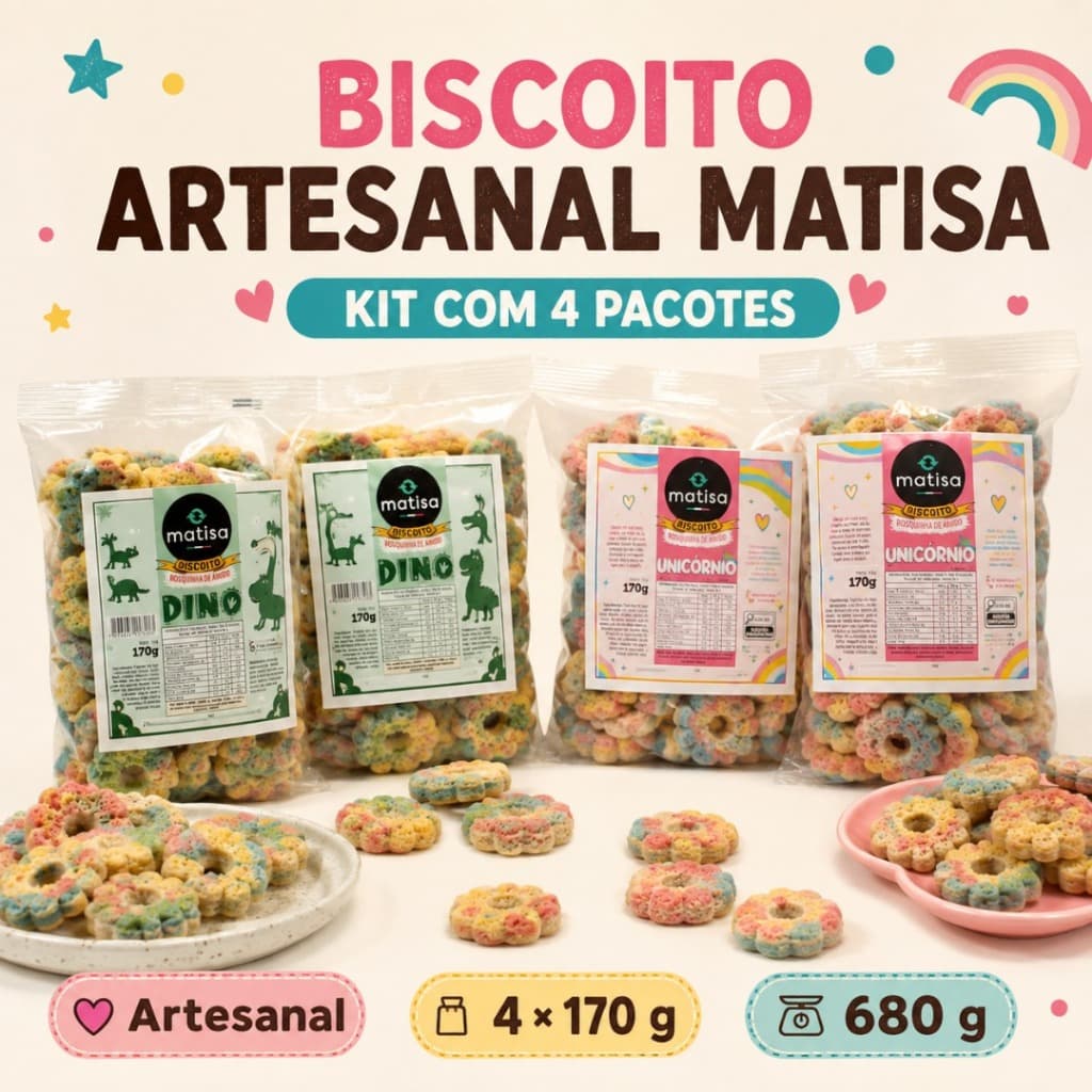 Biscoito Artesanal Unicórnio e Dino Kit 4 Pacotes 170g Rosquinha de Amido Biscoito Colonial