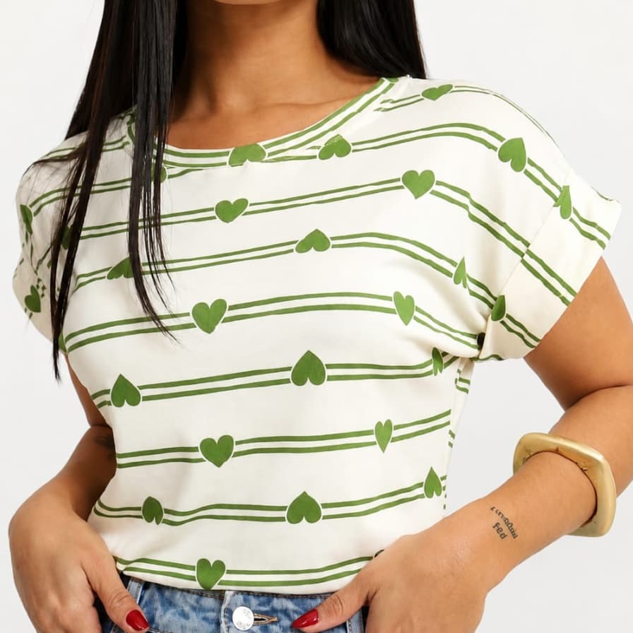 Blusa Feminina Pluz Size Listrada Coração Viscolycra Manga Japonesa Gola Redonda Casual Elegante M G GG G1