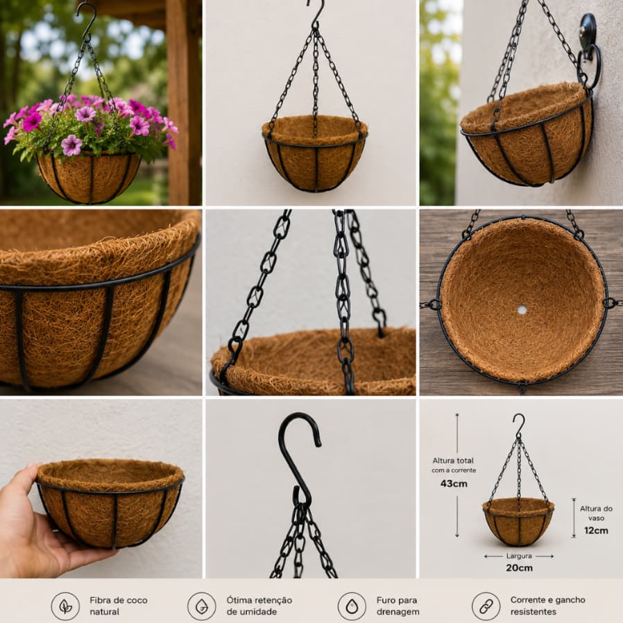 Kit 3 Vasos Fibra De Coco Natural Pendente Suspenso gancho 20cm cuia plantas flores mudas lindas