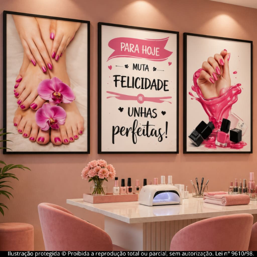 Kit Quadros Decorativos 3 Peças Manicure Unhas Rosas com  Salão Beleza Nail Designer Moderno