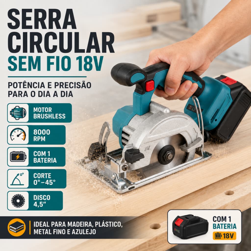 Serra Circular Brushless 18V Sem Fio com 1 Bateria Ferramenta Profissional Alta Performance Corte Preciso