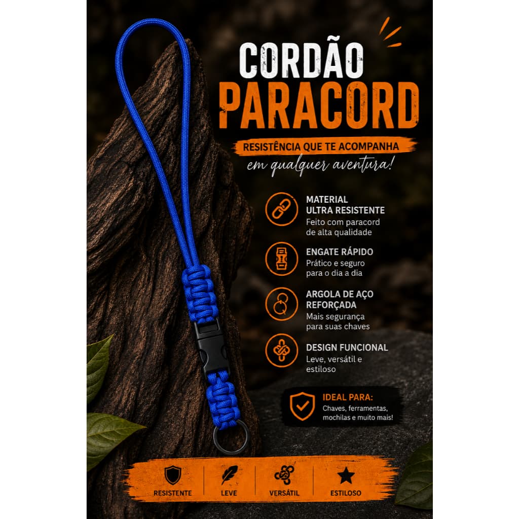 Cordão de Pescoço Para Chaves Com Fecho Feito em Paracord 550 Super Resistente