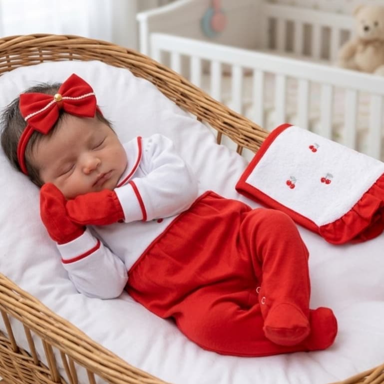 Saída Maternidade Cerejinha Bebê Menina 04 Peças Luxo 100% Algodão Enxoval Maternidade Luxo