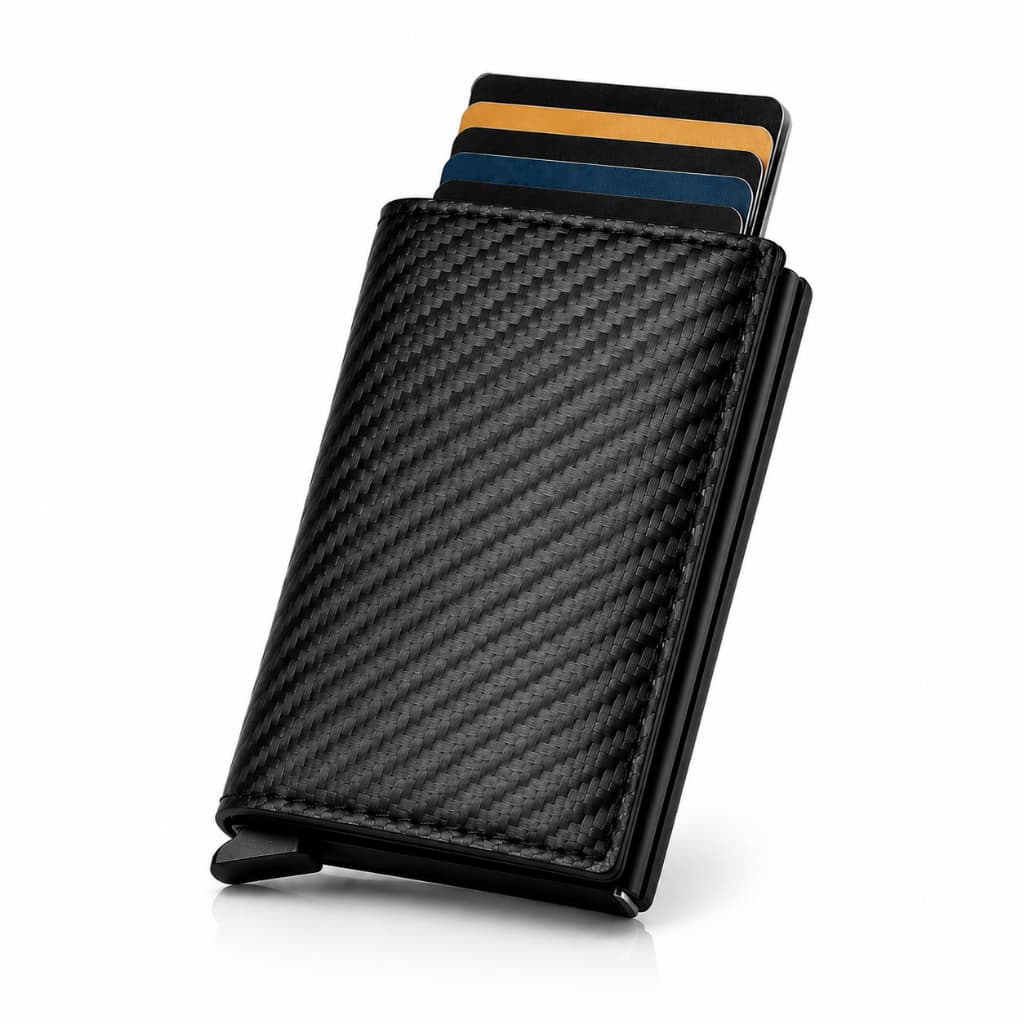 Carteira Masculina Couro Porta Cartões Fibra De Carbono RFID Slim Premium
