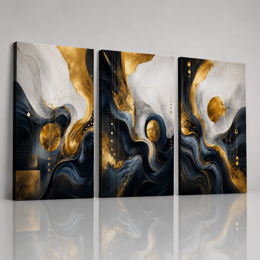 Kit 3 Quadros Decorativos Abstratos Dourado Preto Azul para Sala Luxo MDF 3mm Premium