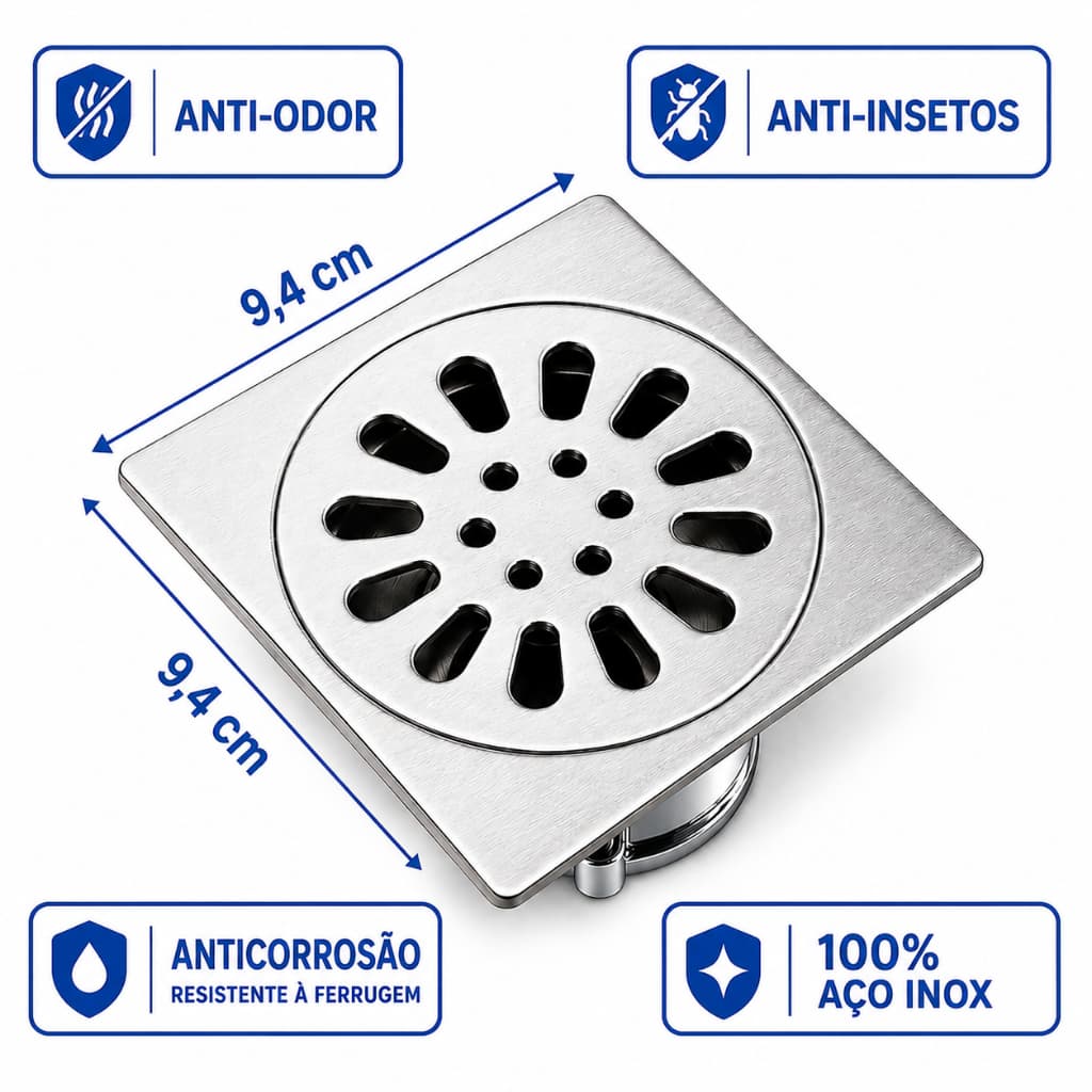 Ralo Quadrado Aço Inox Anti-odor Inseto Inteligente Espuma Escovado 9,4x9,4