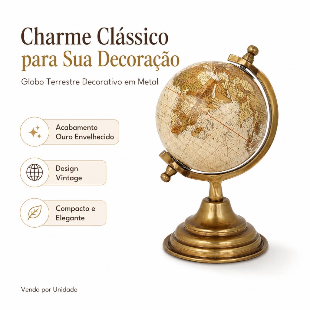 Globo Terrestre Decorativo Bege Metal Ouro Envelhecido Mapa