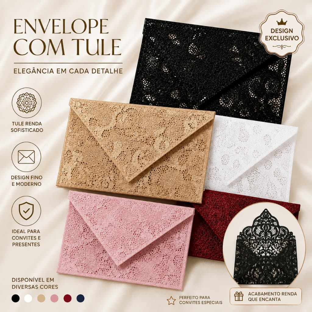 Envelope com Tule Renda para Convites e Presentes | Casamento, Debutante, Formatura e Eventos | Diversas Cores