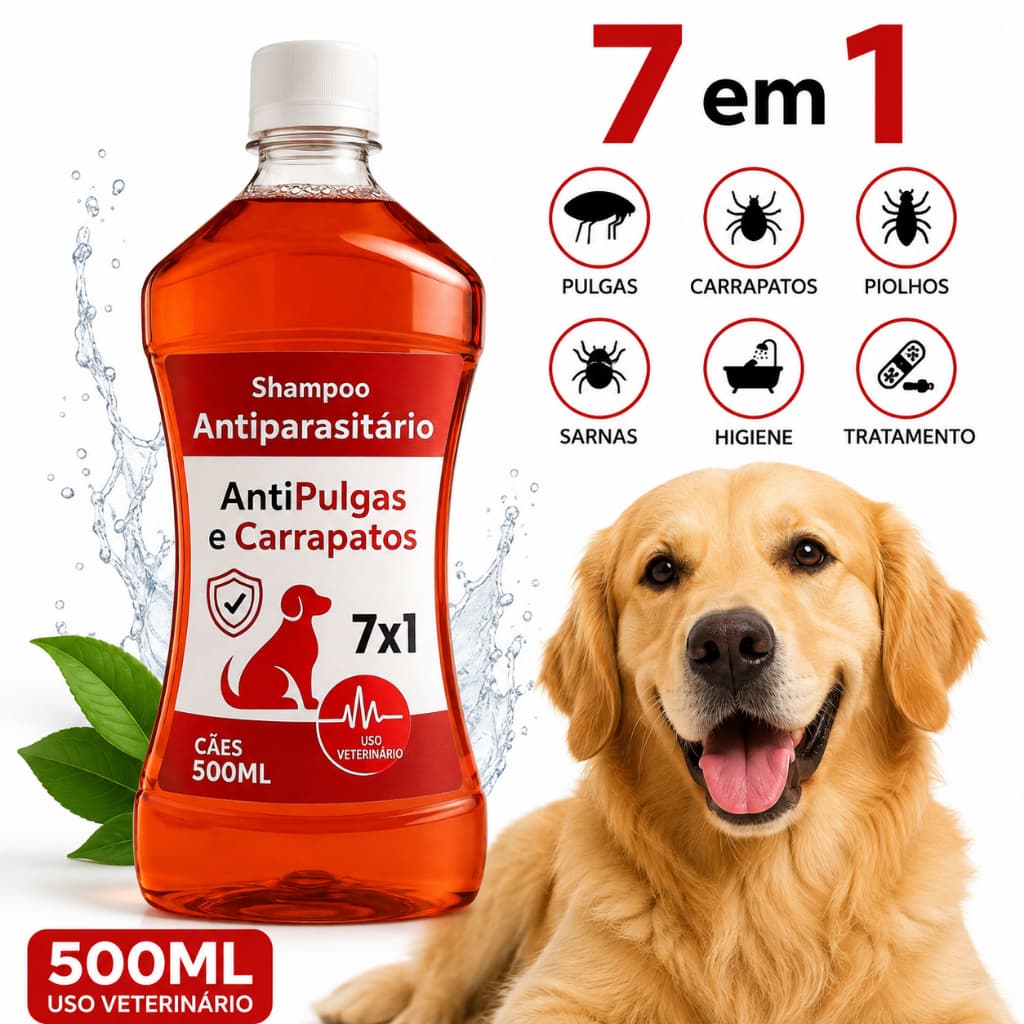 Shampoo para Cachorro Anti Pulgas Carrapatos - 7 em 1 Pet Cães 500ml