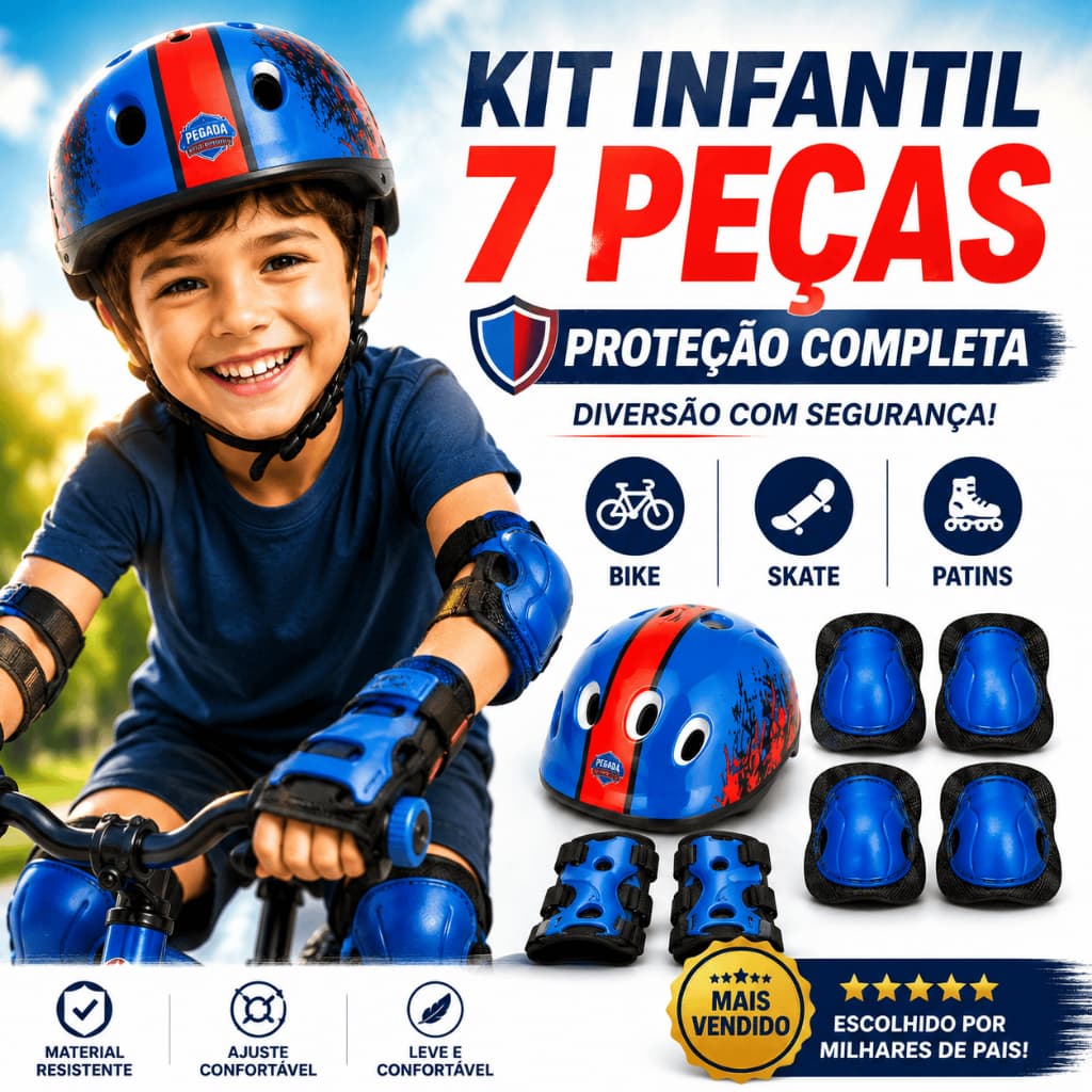 Kit Proteção Infantil Capacete ABS Ajustável Joelheira Cotoveleira Skate Patins Bicicleta Patinete 7 peças