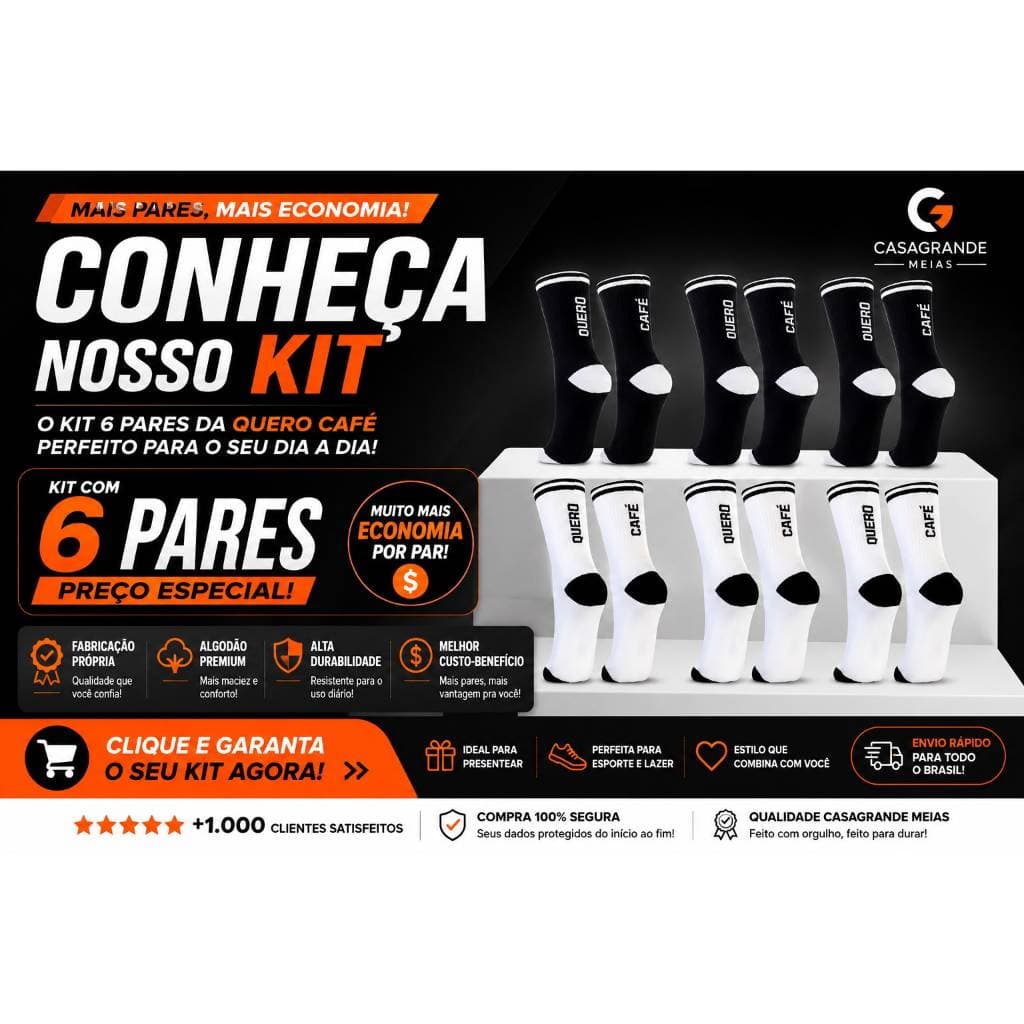 Kit 6 Pares Meia de Algodão Quero Café MELHOR PREÇO Esportiva Cano Médio Original Casagrande Meias(LANÇAMENTO)