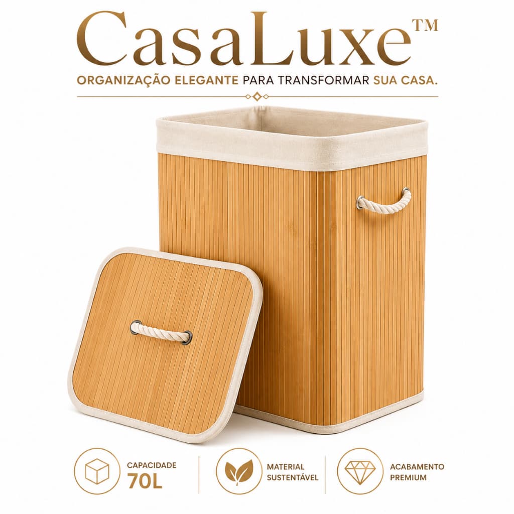 Cesto Organizador de Bambu 70L com Tampa e Alças para Roupas Lavanderia Quarto Banheiro CasaLuxe