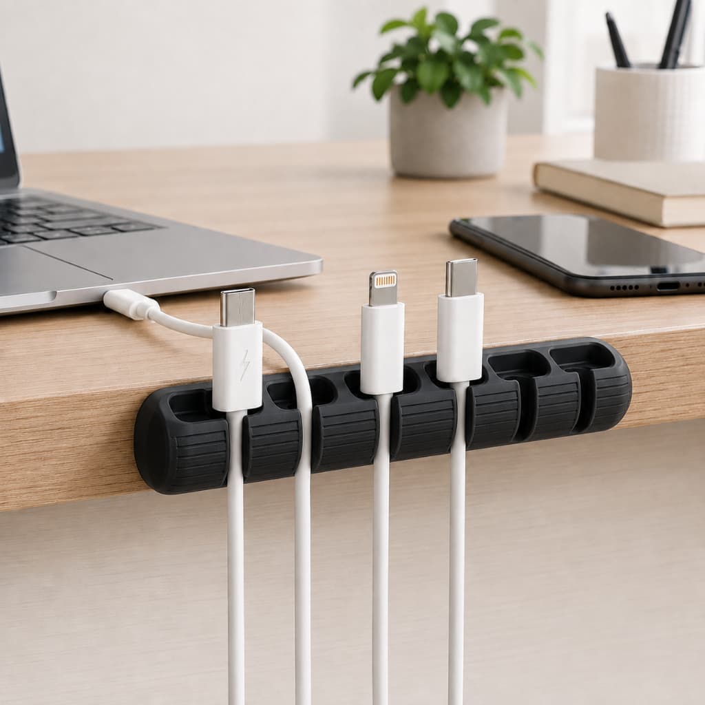 Organizador de Cabos para Mesa 6 Entradas com Fita Dupla Face 3M – Suporte Fixador de Fios para Escritório, PC e Celular