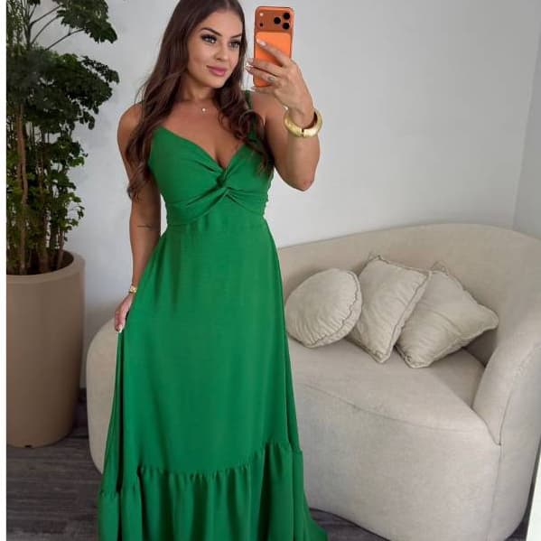 Vestido Longo Feminino Rodado Decote Com Amarração Moda 2026 Blogueirinha