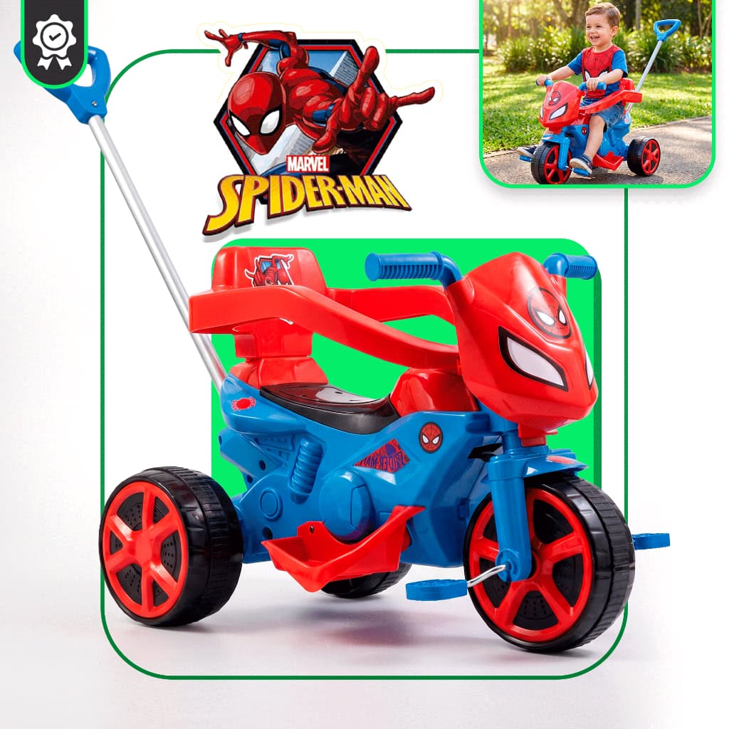 Triciclo Infantil Com Empurrador Spider Carrinho De Passeio Haste Pedal Motoca Menino Até 25kg