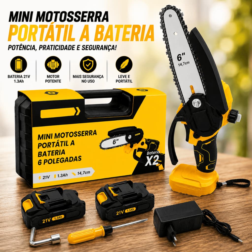 Mini Motosserra 6 Polegadas 21V Sem Fio Com 2 Baterias BOM9102