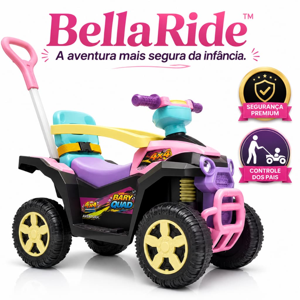 Quadriciclo Carrinho Infantil Passeio Rosa com Haste Empurrador Anel de Proteção Removível Rodas Reforçadas