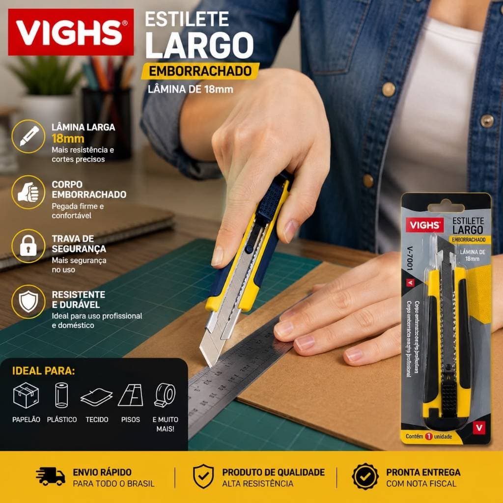 Estilete Largo Emborrachado VIGHS 18mm Profissional com Trava de Segurança para Papelão Madeira Plástico