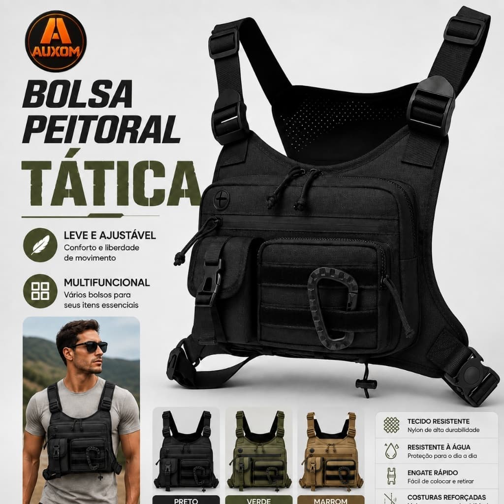 Bolsa Peitoral Tática AUXOM Chest Rig Multifuncional Ajustável Leve Para Trilha Moto Camping