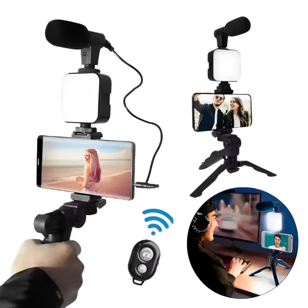 Kit Vlog para Celular com Microfone Luz LED Tripé Suporte e Controle Bluetooth para Gravação Videos.