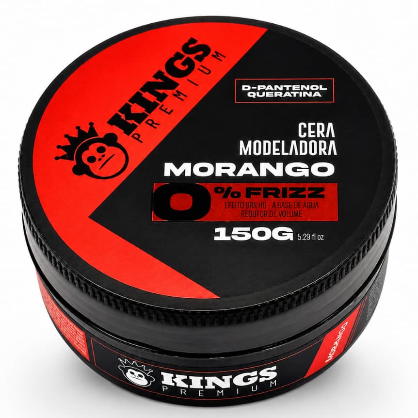 Pomada Cera Modeladora para Cabelo Kings Morango Premium 150g Antifrizz com Efeito Brilho à Base de Água
