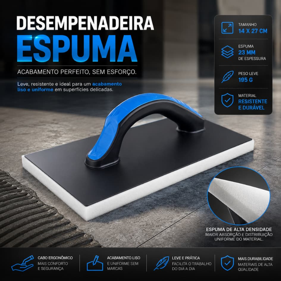 Desempenadeira Com Espuma 14x27cm Plástica Preta Profissional Para Rejunte Limpeza e Acabamento Construção Civil