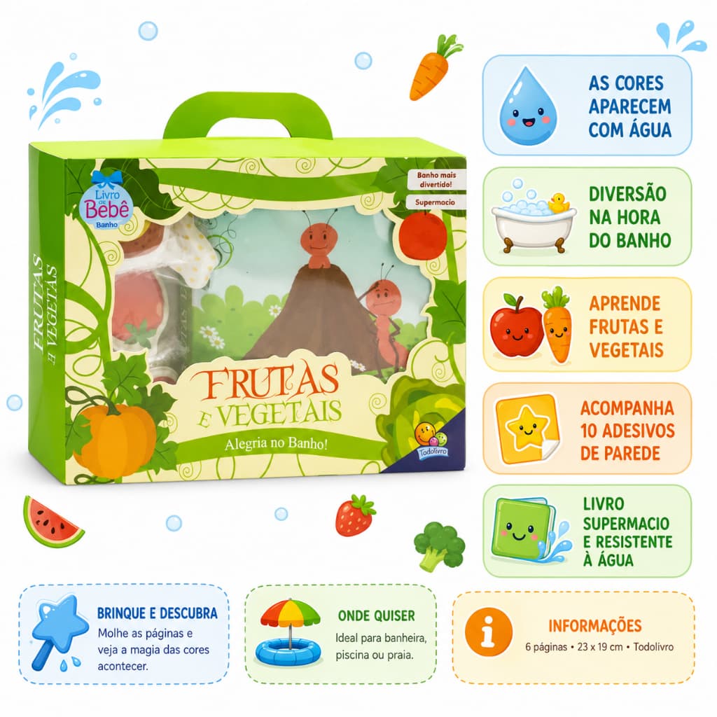Livro Alegria no Banho Frutas e Vegetais | Livro Mágico de Banho Infantil Bebês + 18 meses