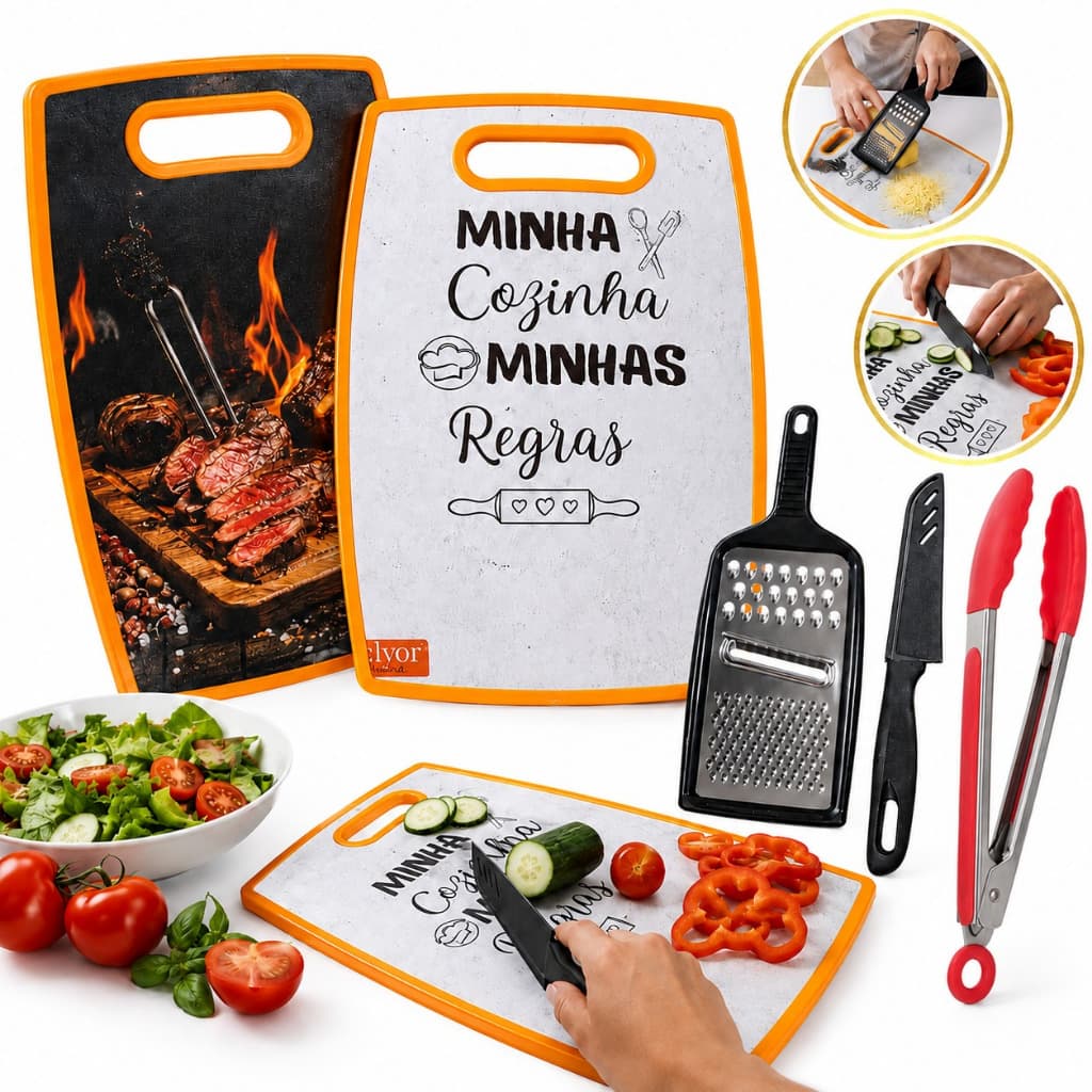 Tábua De Cozinha Multiuso + Pegador Silicone + Faca Ralador