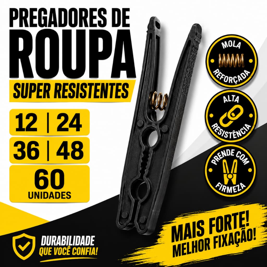 Kit com 60 / 48 / 36 / 24 / 12 Pregadores de Roupa prendedores em Plástico Reforçado