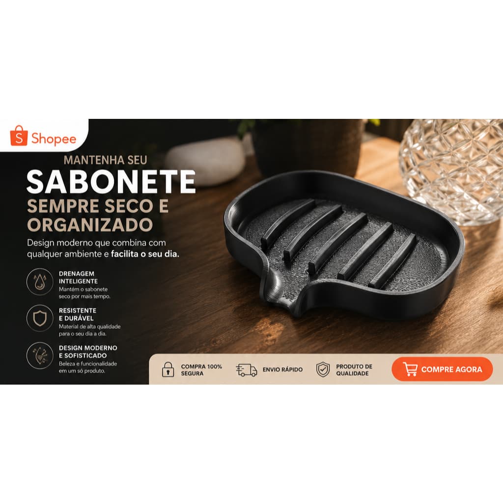 Saboneteira com Drenagem Porta Sabonete para Banheiro Pia Lavabo Preta Moderna Premium