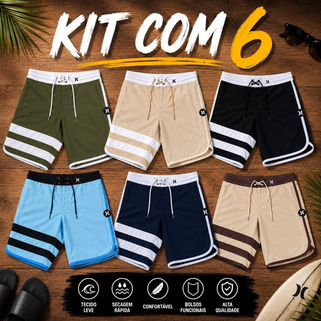 Kit 6 Bermudas Tactel Elastano Premium Masculino Ideal Para Praia Piscina Verão Phanton Surf Premium