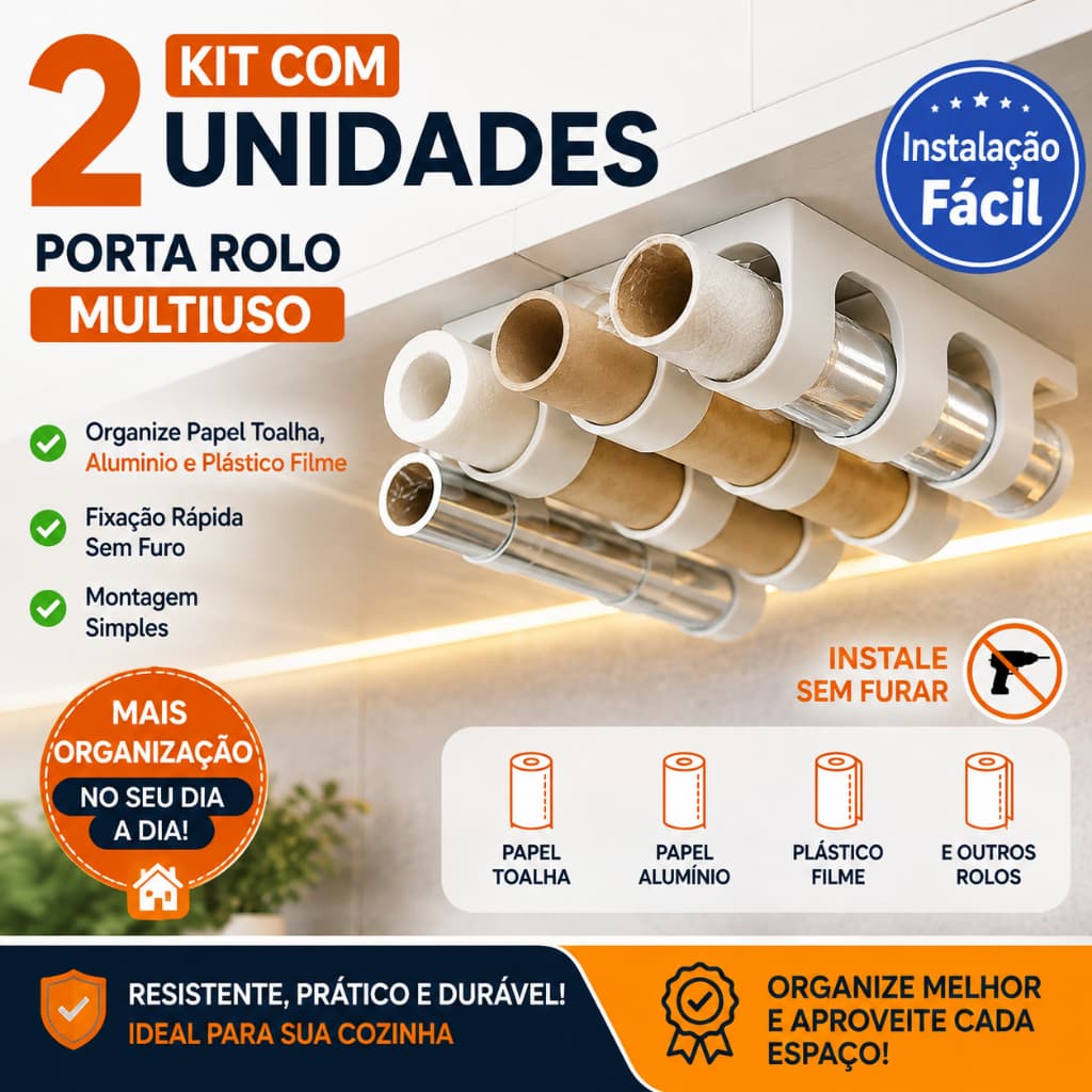 Kit 2 Porta Rolo Papel Toalha Filme Alumínio Suporte Organizador Multiuso Para Armário Cozinha